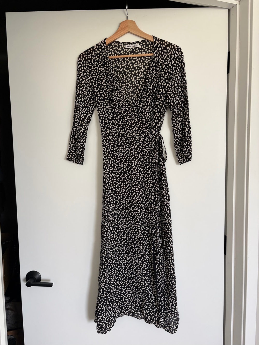 Reformation Black & White Spotted Wrap Midi Dress – Size S